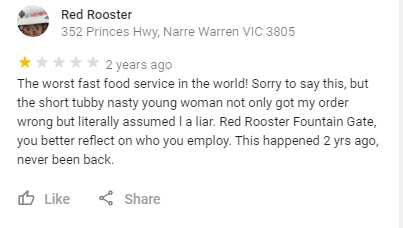 Red Rooster Narre Warren paddy google review