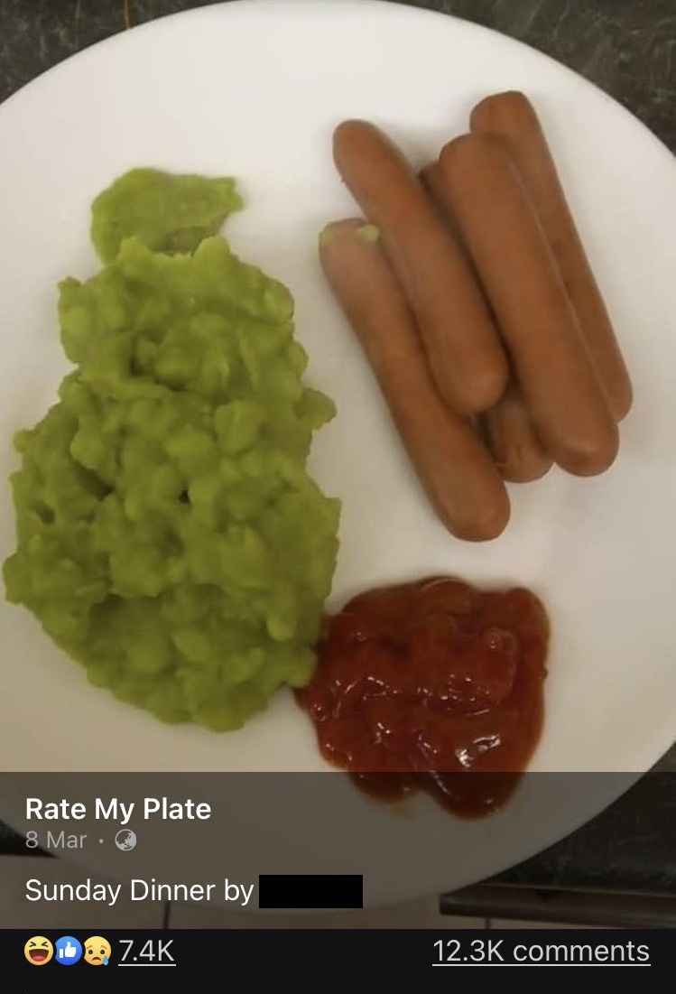 Footy franks with a side of Shrek's vomit rate my plate 