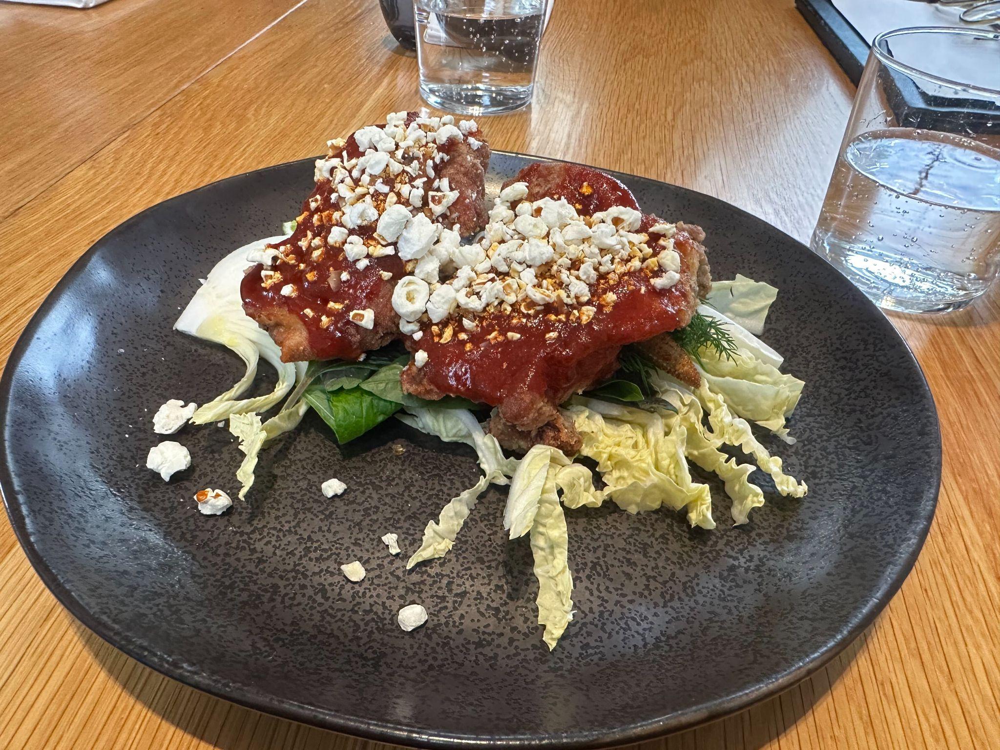 Karaage chicken with crushed popcorn at Thyme restaurant, Alba Thermal Springs and Spa