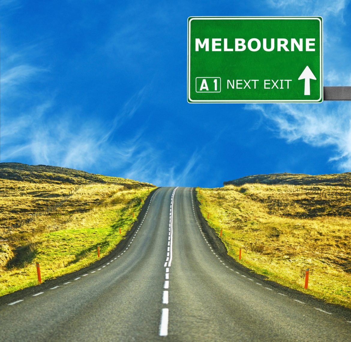 MELBOURNE road sign against clear blue sky