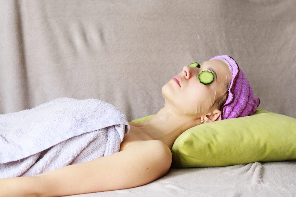 Young caucasian woman relaxing at home having beauty care